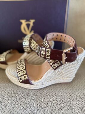 Vince Camuto Brown Leather Wedge Espadrilles with Gold Detailing